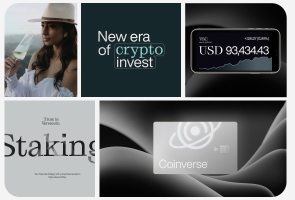 Branding showcase by Ember featuring visuals for crypto and lifestyle brands, including Coinverse card design and staking UI elements.
