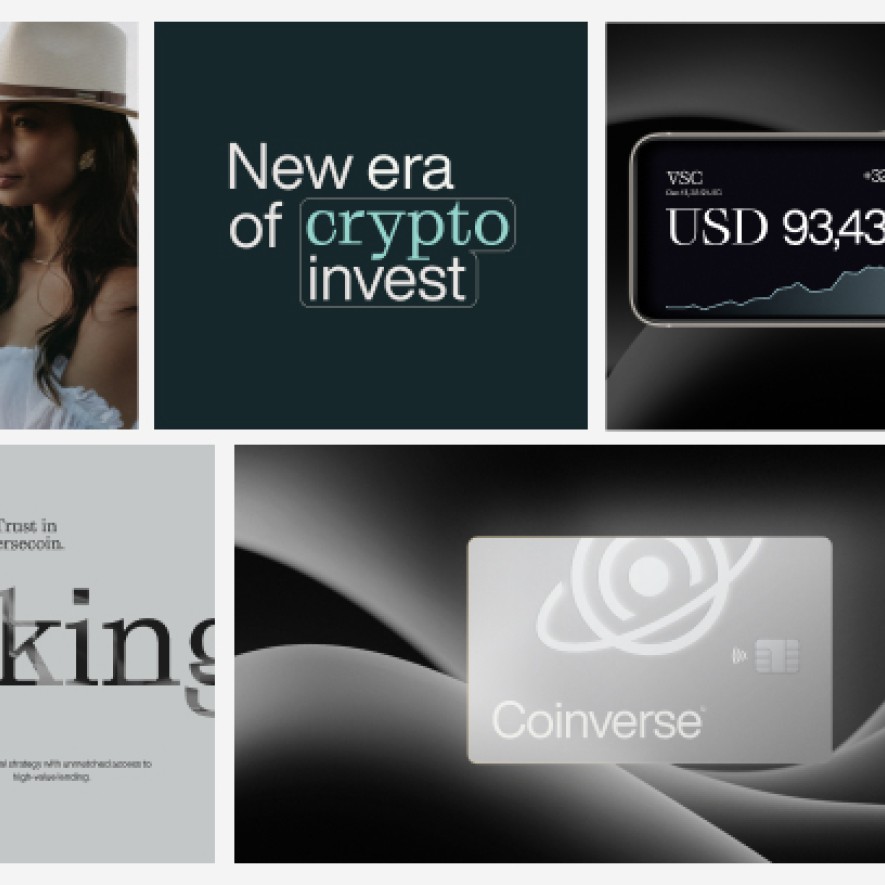 Branding showcase by Ember featuring visuals for crypto and lifestyle brands, including Coinverse card design and staking UI elements.