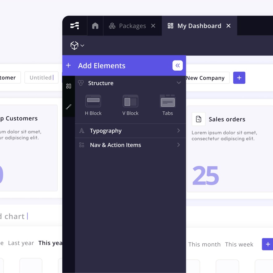 UI design mockup for a business dashboard, showing component library and user metrics, representing Ember&rsquo;s product design and development services.
