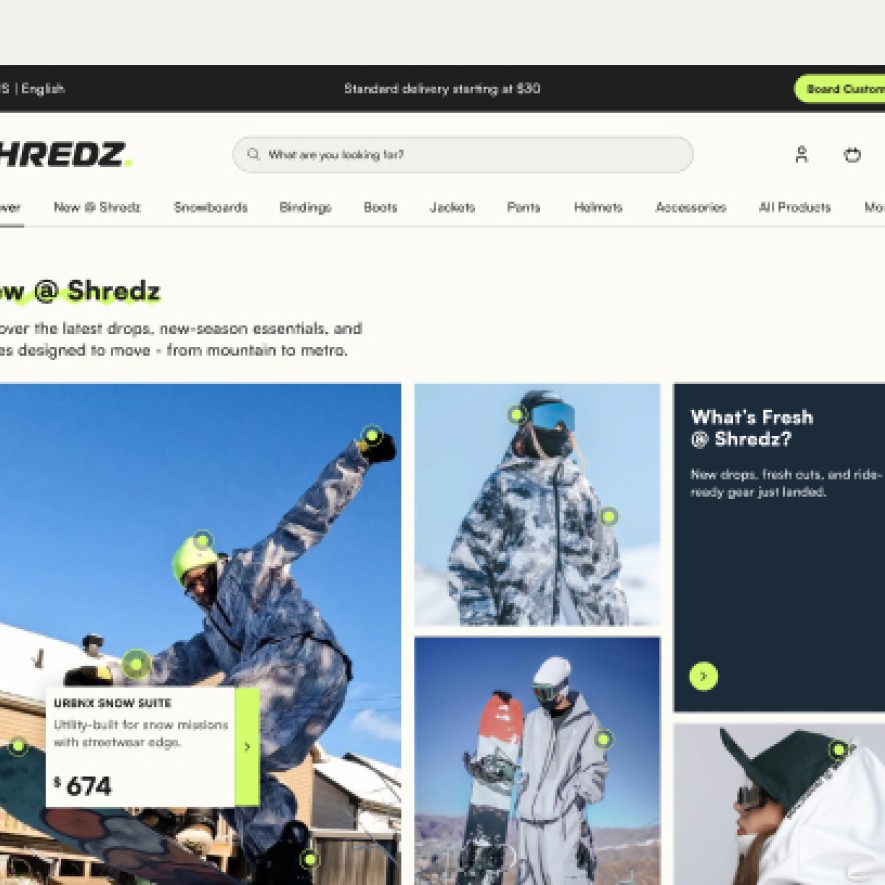 Website mockup of Shredz online store designed by Ember, showcasing snowboarding gear and apparel in a modern e-commerce layout.