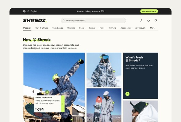 Website mockup of Shredz online store designed by Ember, showcasing snowboarding gear and apparel in a modern e-commerce layout.